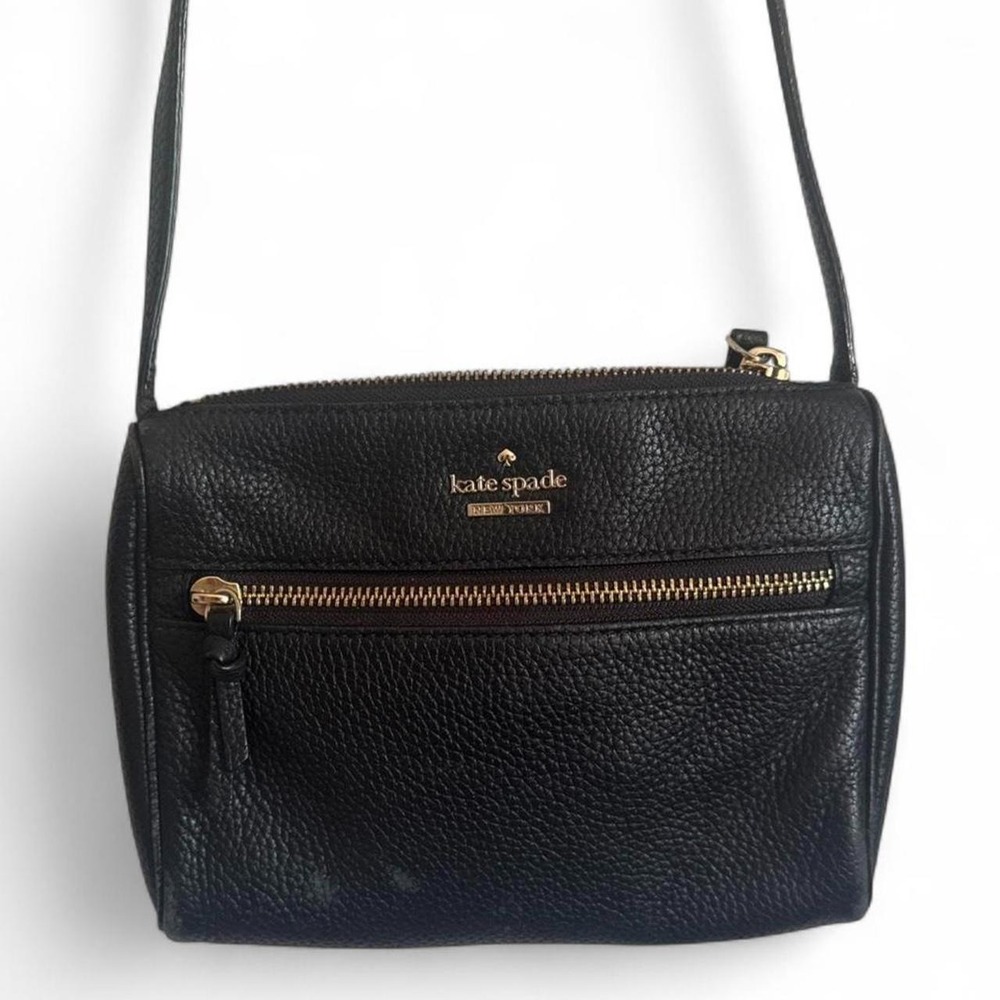 Kate Spade Black Pebbled Leather Crossbody Bag Gold Hardware Striped Interior